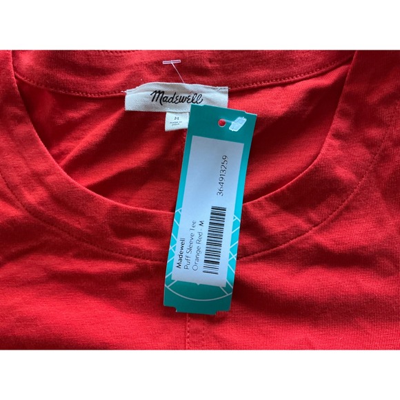 Madewell Puff Sleeve Short Sleeve‎ Crew Neck Tee Orange/Red Medium New With Tags - Picture 7 of 8
